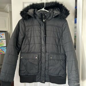 Eddie Bauer Black Puffer Coat with Faux Fur Trim